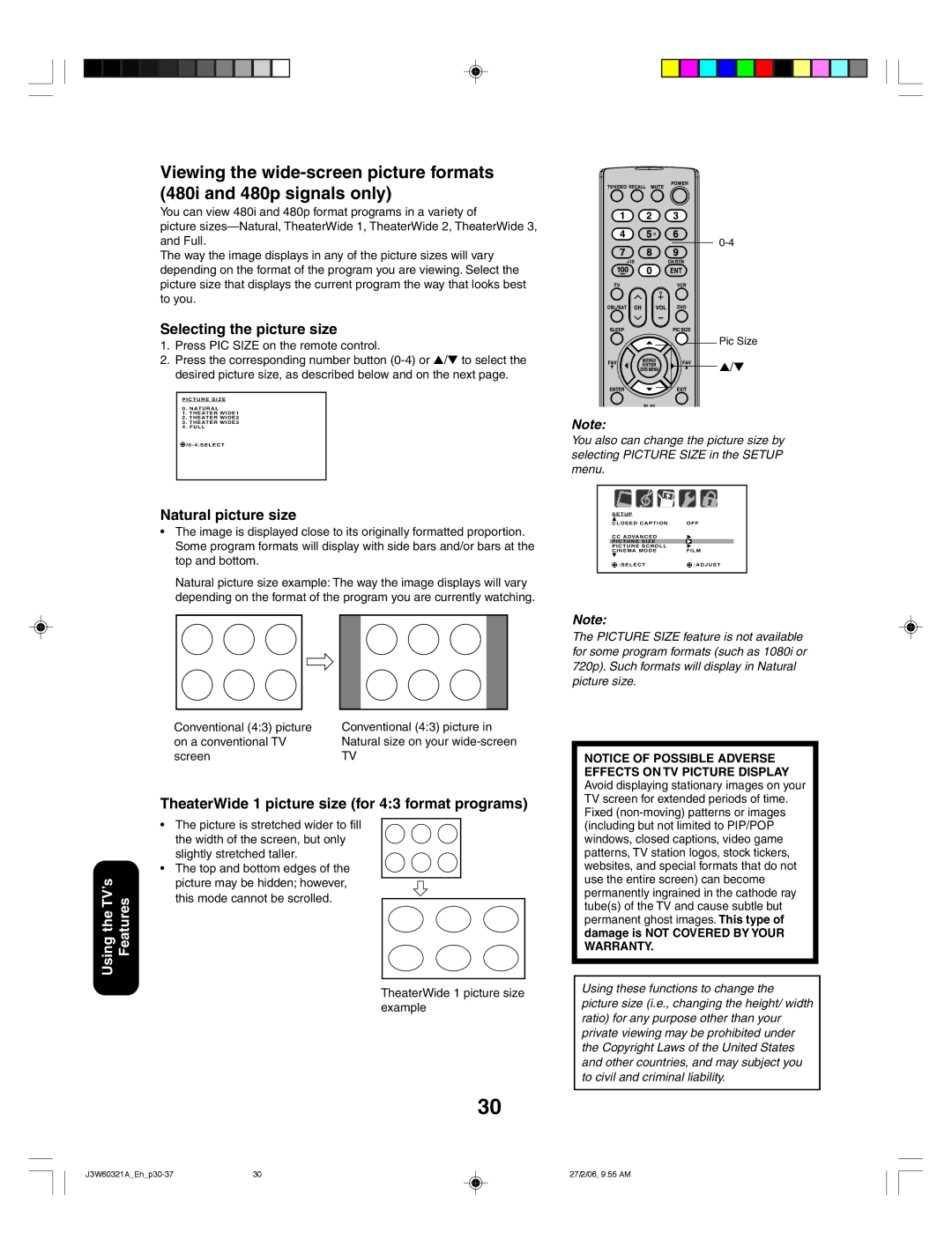 Toshiba 26HF66 appendix Selecting the picture size, Natural picture size, TheaterWide 1 picture size for 43 format programs 