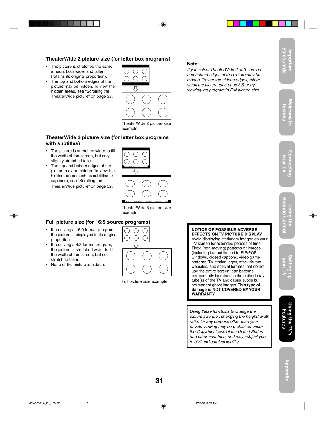 Toshiba 26HF66 appendix TheaterWide 2 picture size for letter box programs, Full picture size for 169 source programs 