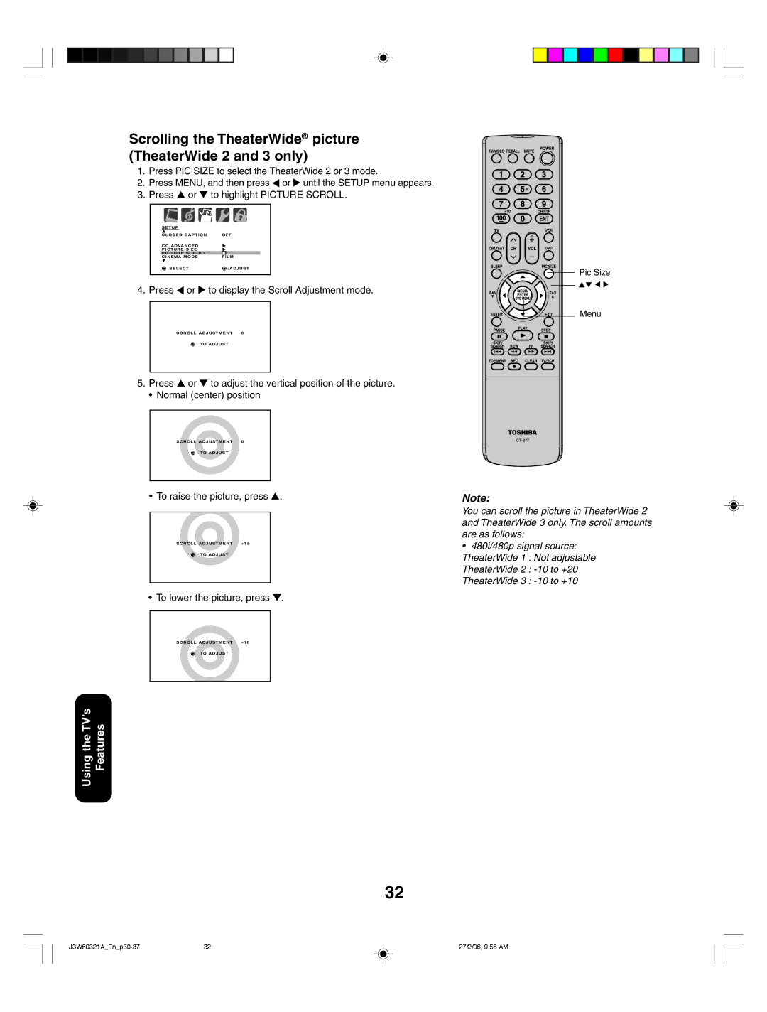 Toshiba 26HF66 Scrolling the TheaterWide picture TheaterWide 2 and 3 only, Press To display the Scroll Adjustment mode 