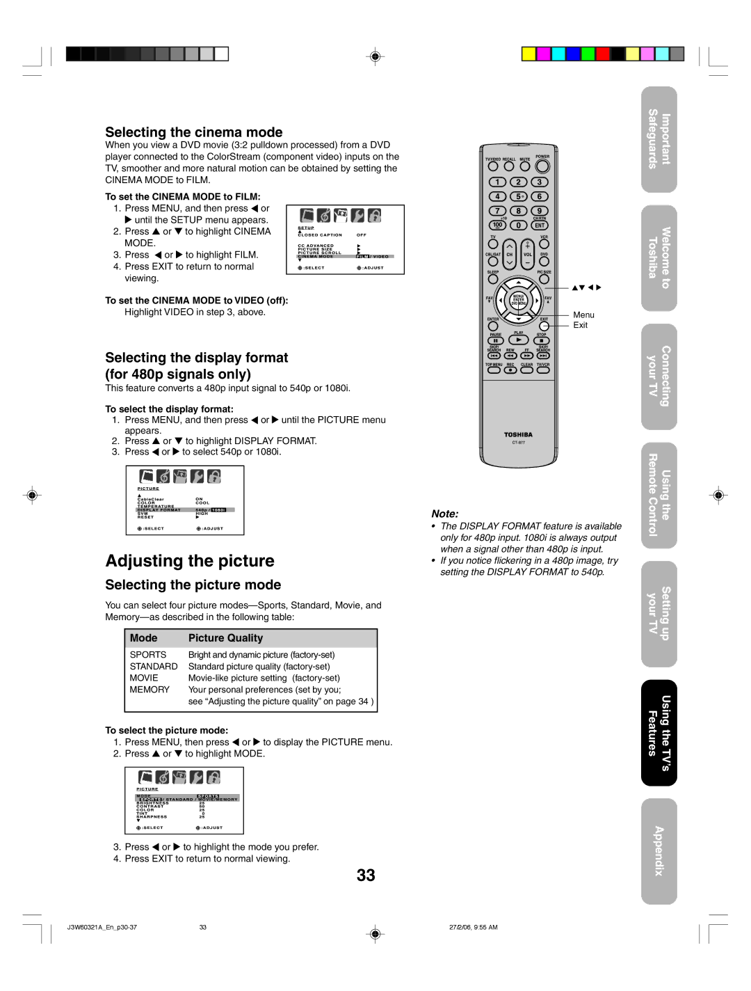 Toshiba 26HF66 appendix Adjusting the picture, Selecting the cinema mode, Selecting the picture mode, Mode Picture Quality 