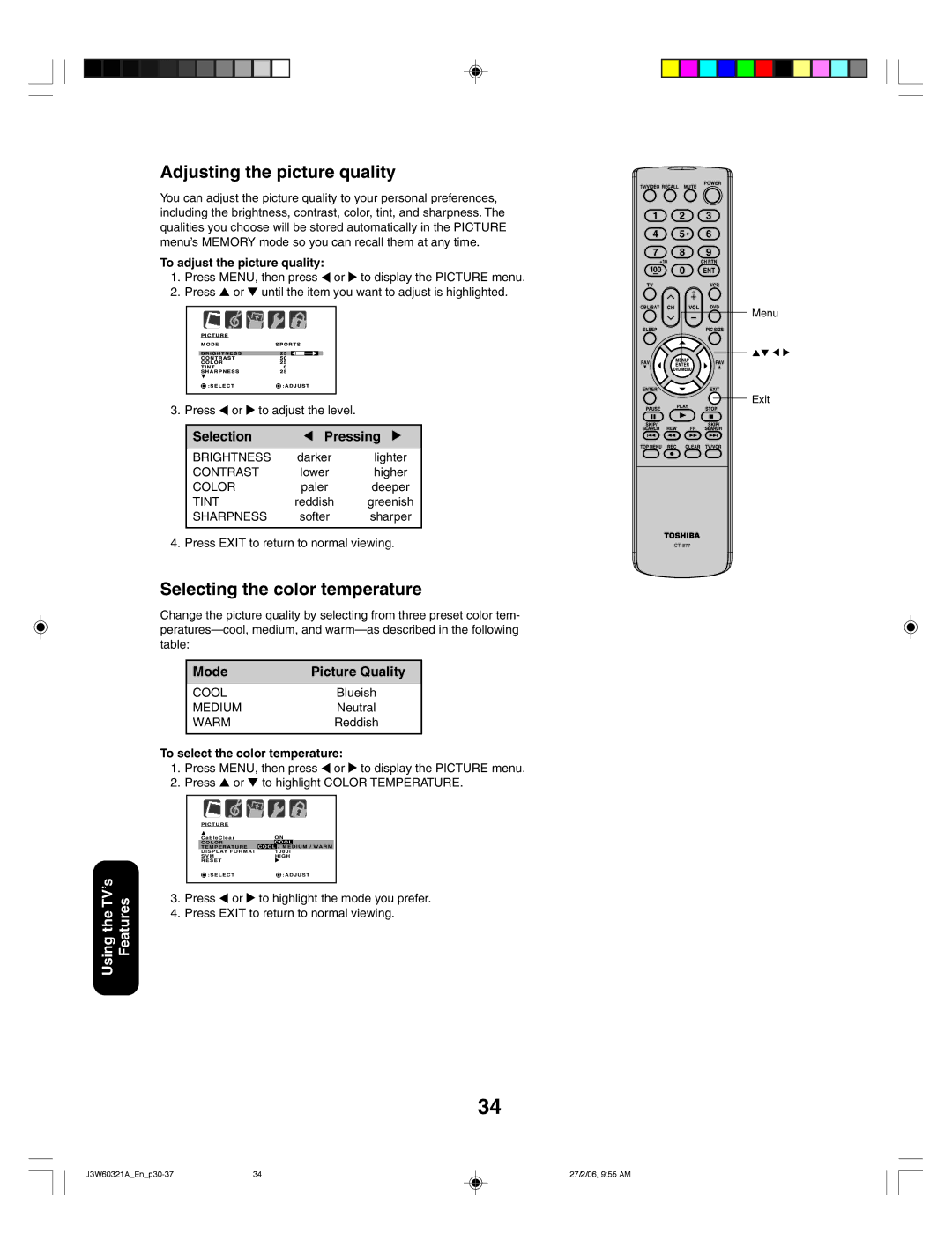 Toshiba 26HF66 appendix Adjusting the picture quality, Selecting the color temperature, SelectionPressing 