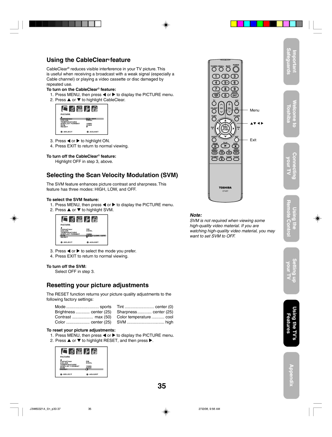 Toshiba 26HF66 appendix Using the CableClear feature, Selecting the Scan Velocity Modulation SVM 