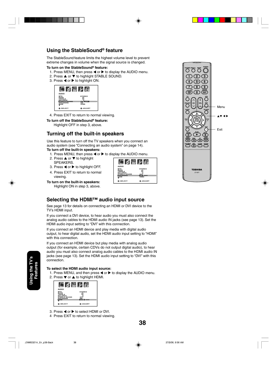 Toshiba 26HF66 Using the StableSound feature, Turning off the built-in speakers, Selecting the Hdmi audio input source 