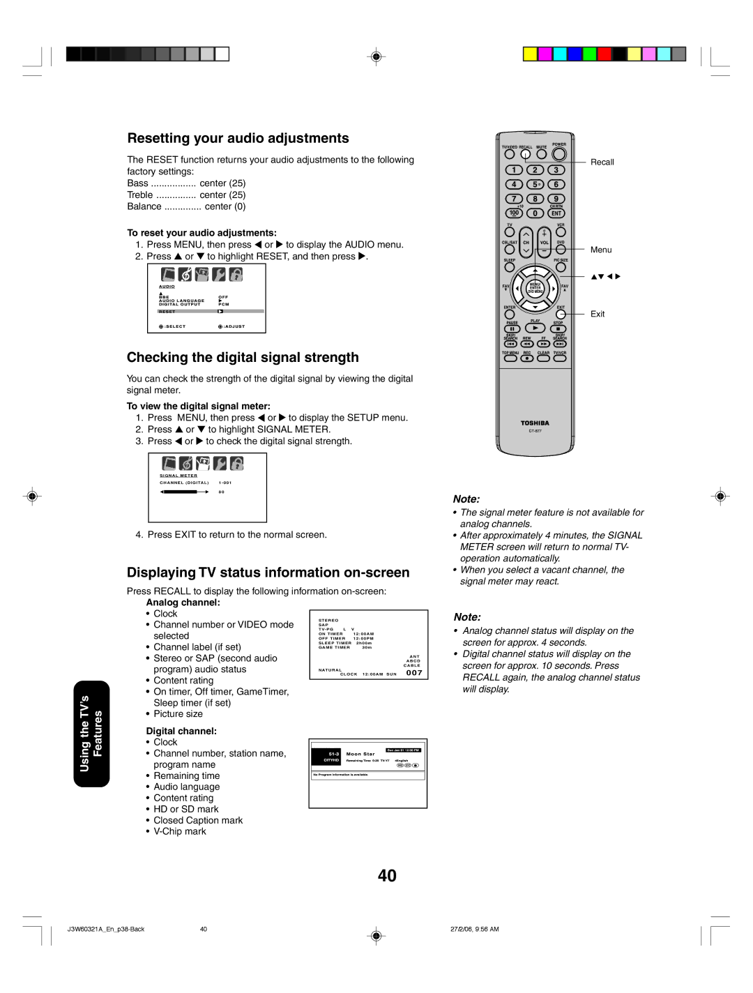 Toshiba 26HF66 appendix Resetting your audio adjustments, Checking the digital signal strength 