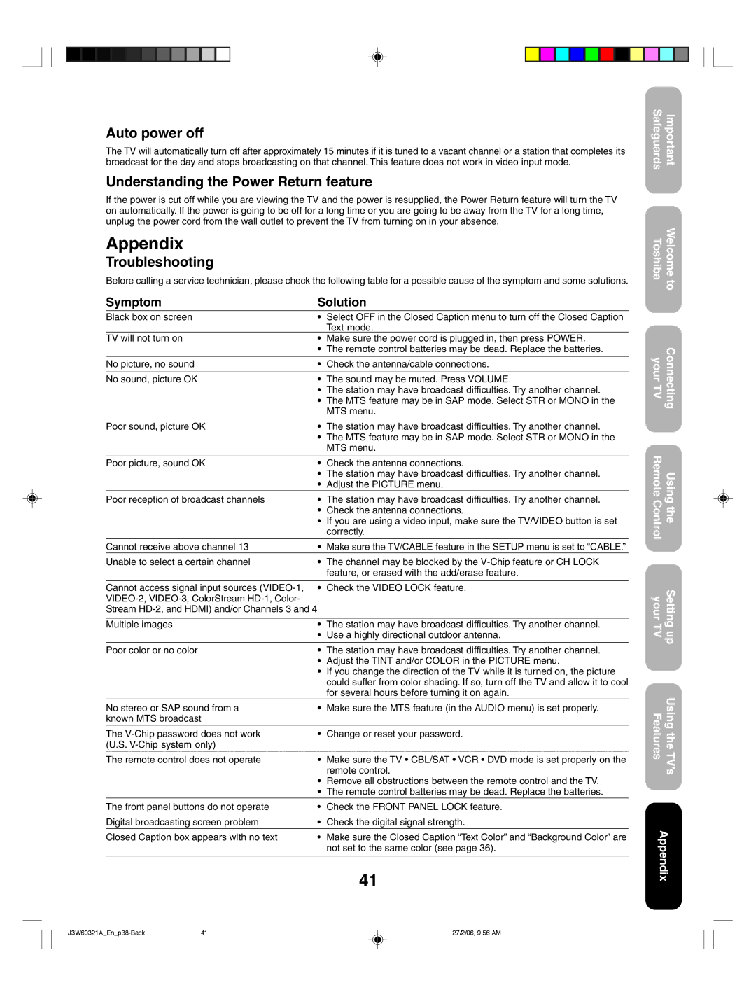 Toshiba 26HF66 appendix Appendix, Auto power off, Understanding the Power Return feature, Troubleshooting, Symptom Solution 