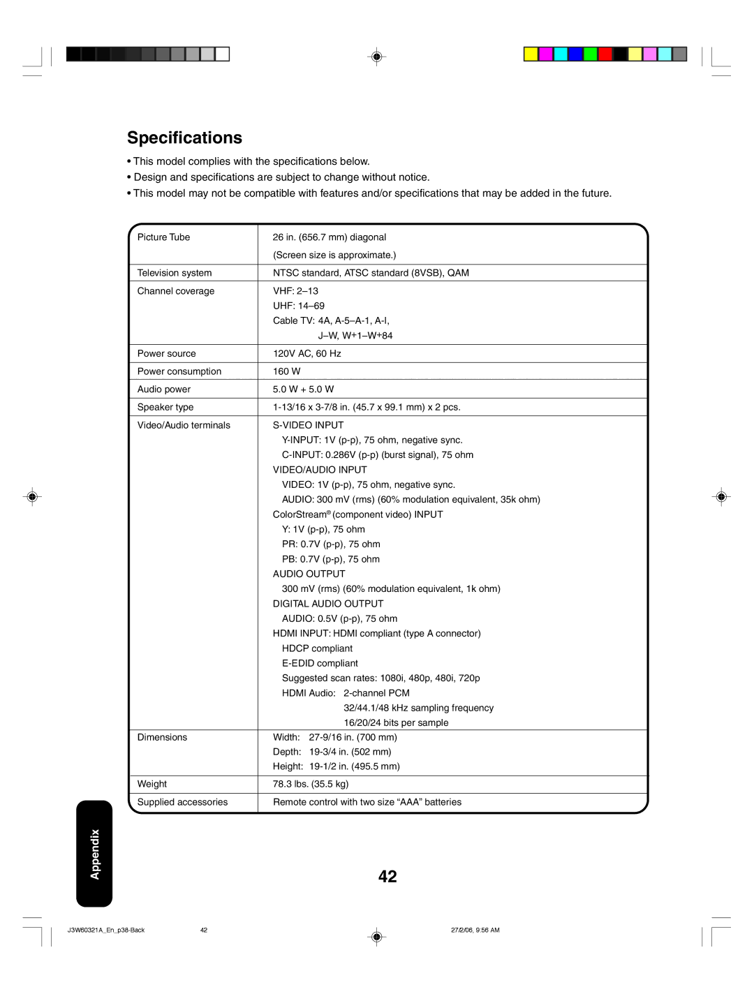 Toshiba 26HF66 appendix Specifications, Video Input, VIDEO/AUDIO Input, Digital Audio Output 