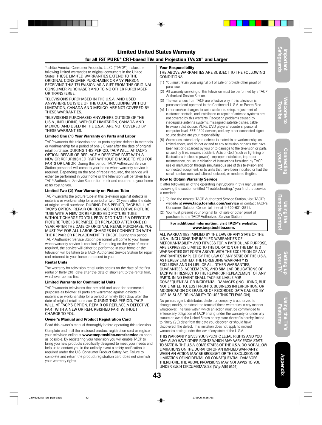 Toshiba 26HF66 appendix Limited United States Warranty 