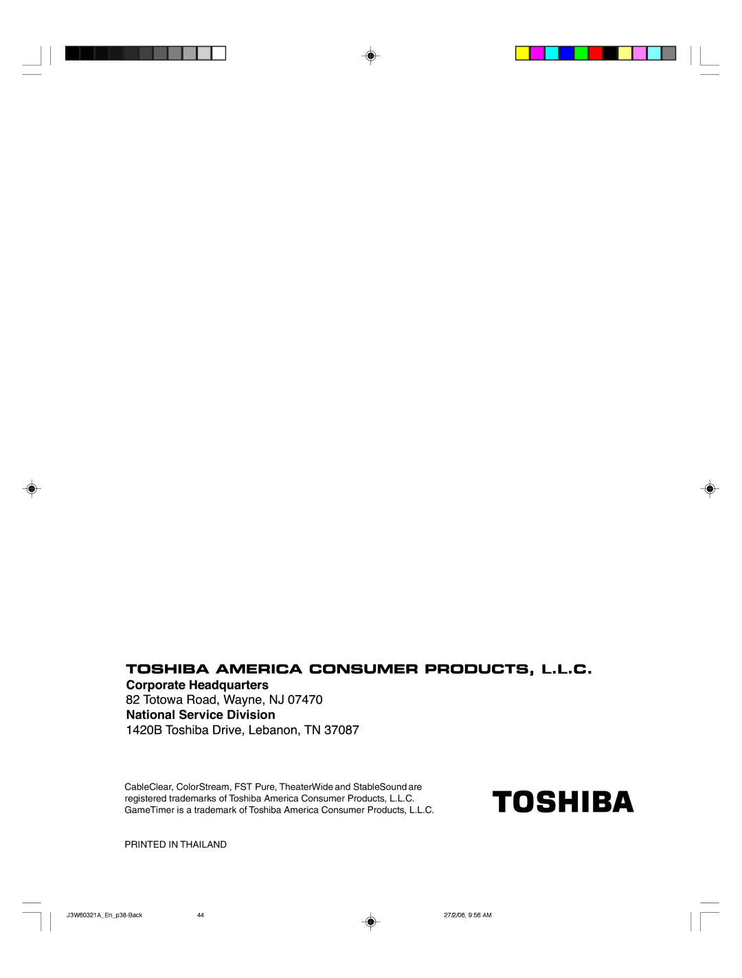 Toshiba 26HF66 appendix National Service Division 