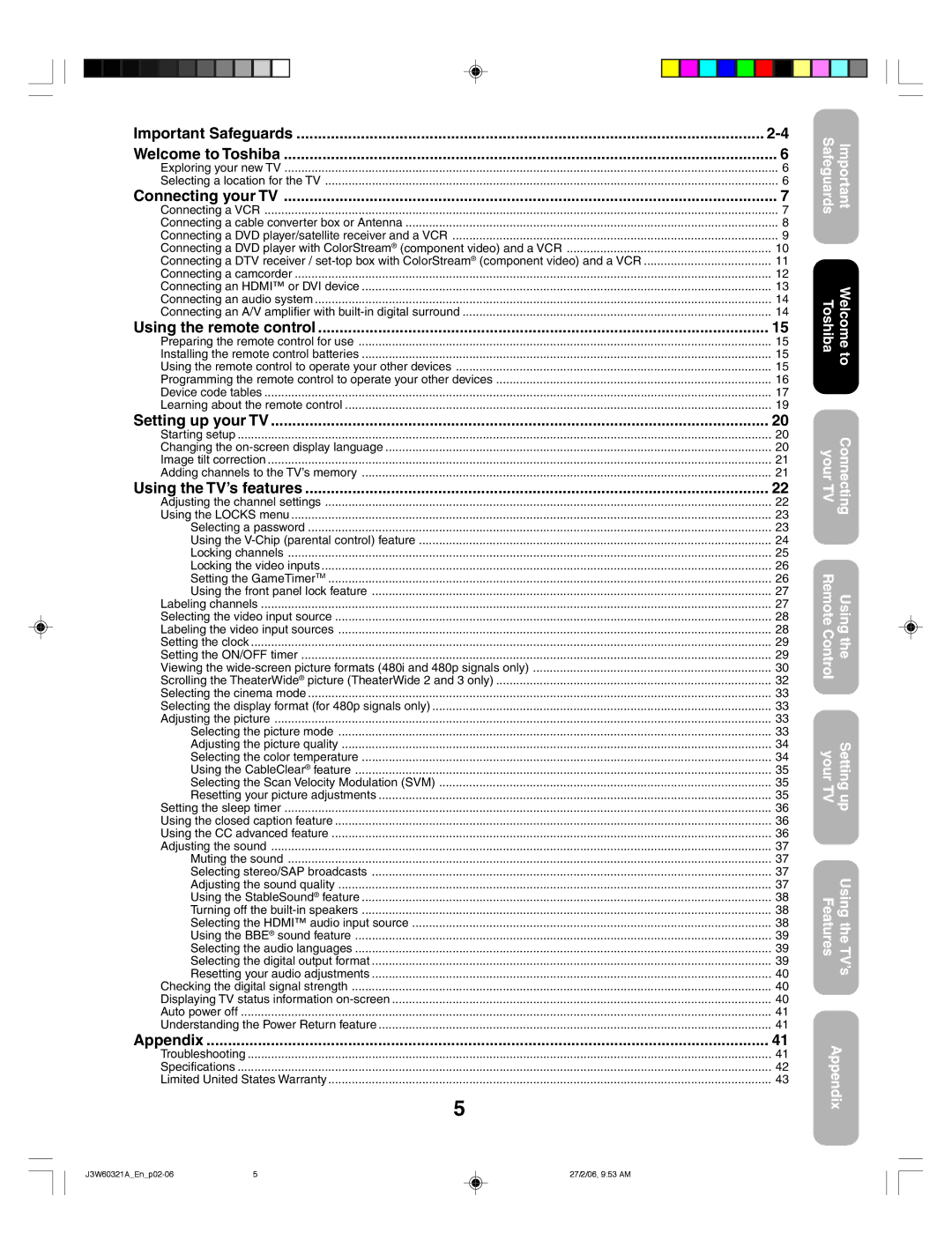 Toshiba 26HF66 Important Safeguards Welcome to Toshiba, Connecting your TV, Using the remote control, Setting up your TV 