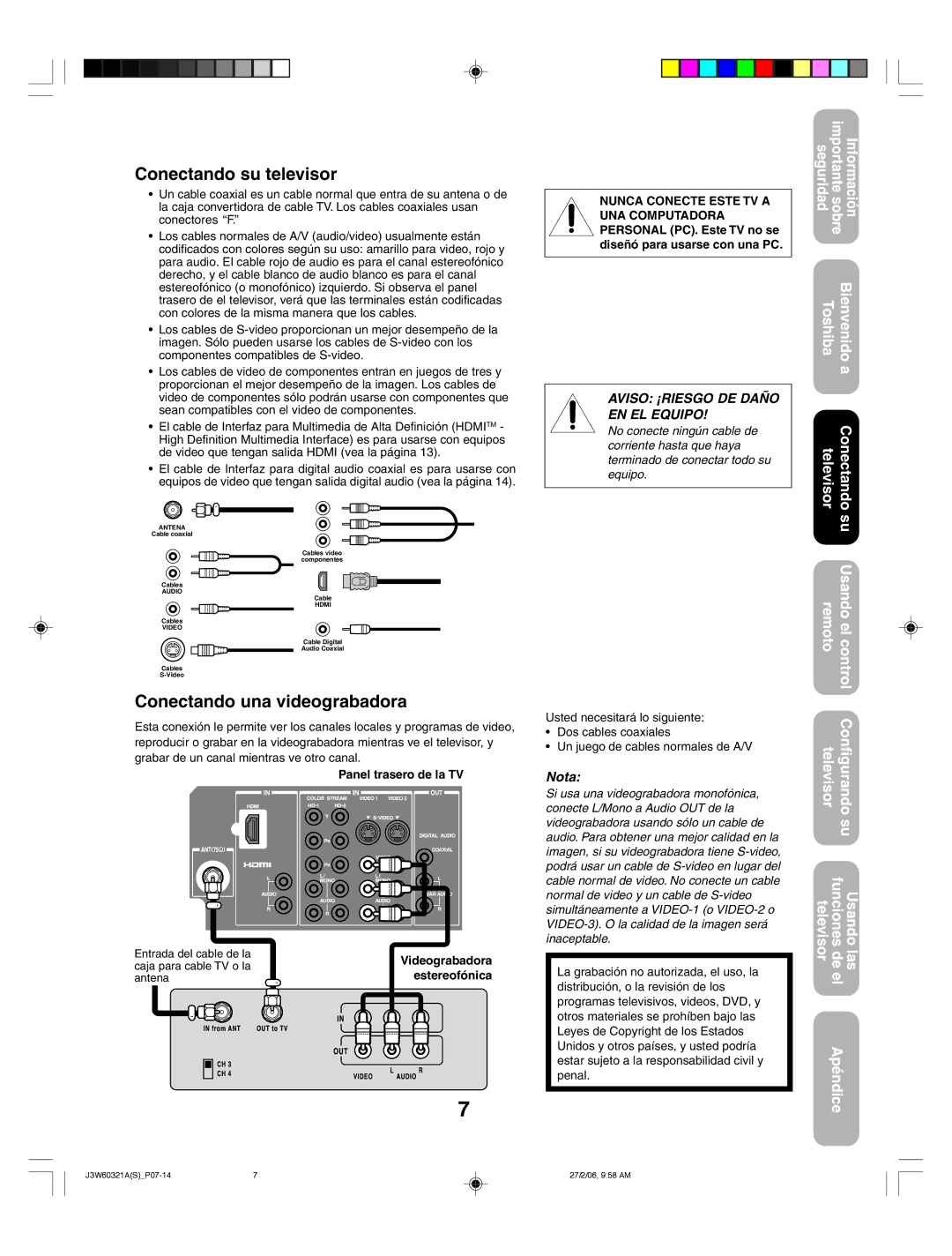 Toshiba 26HF66 appendix Conectando su televisor, Conectando una videograbadora, Videograbadora, Estereofónica 