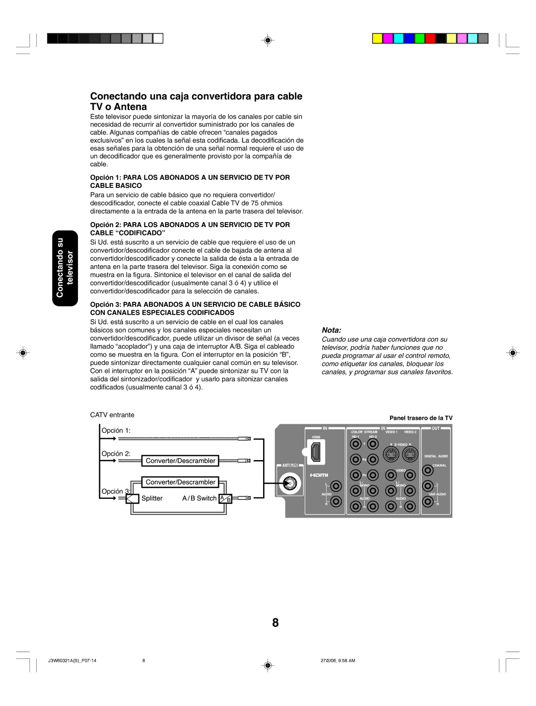 Toshiba 26HF66 appendix Conectando una caja convertidora para cable TV o Antena, Catv entrante, Opción 