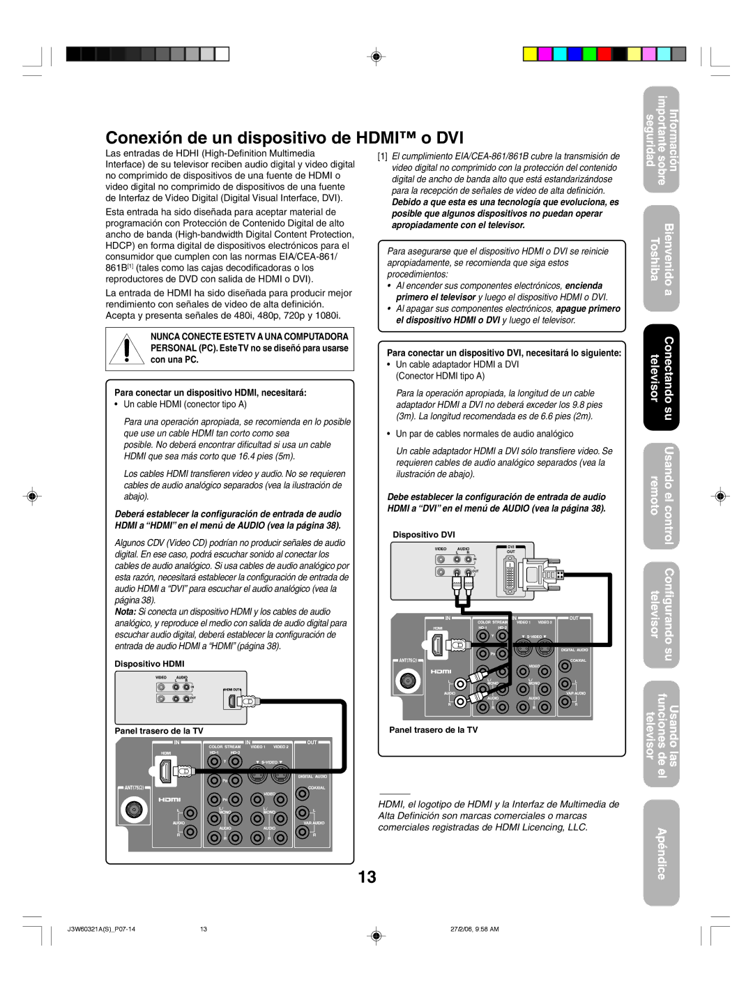 Toshiba 26HF66 appendix Conexión de un dispositivo de Hdmi o DVI, Un cable Hdmi conector tipo a 