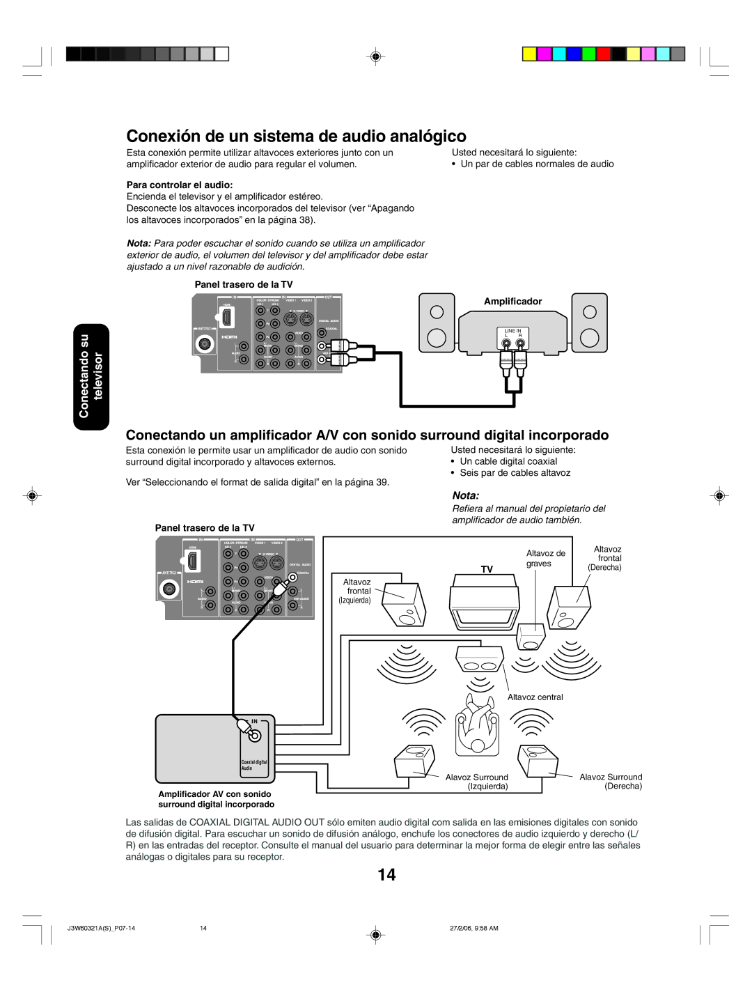 Toshiba 26HF66 appendix Conexión de un sistema de audio analógico, Para controlar el audio, Amplificador 