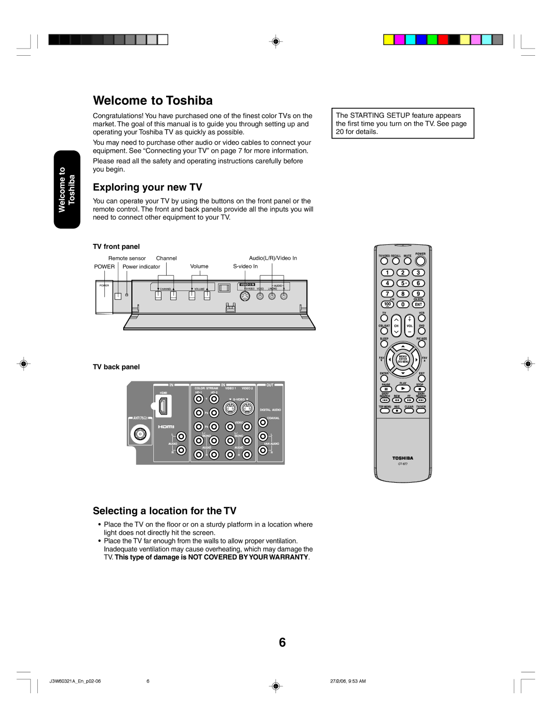 Toshiba 26HF66 Welcome to Toshiba, Exploring your new TV, Selecting a location for the TV, TV front panel, TV back panel 