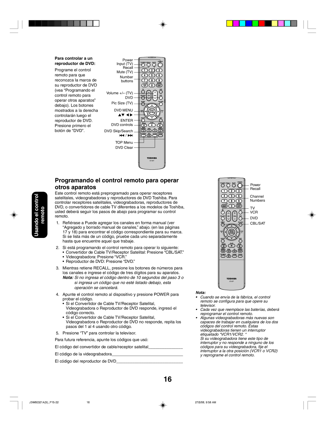 Toshiba 26HF66 appendix Programando el control remoto para operar otros aparatos, Para controlar a un reproductor de DVD 