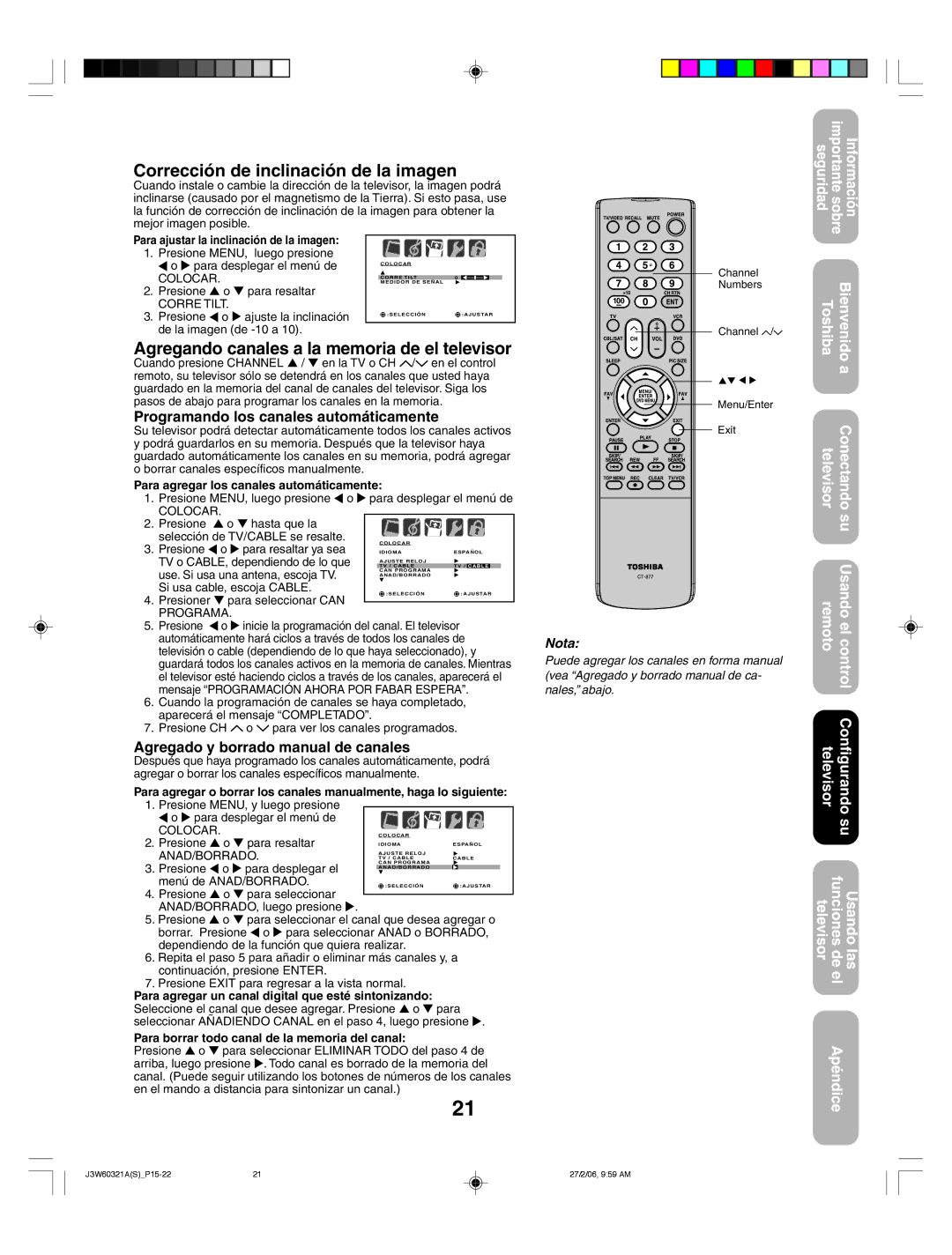 Toshiba 26HF66 appendix Corrección de inclinación de la imagen, Agregando canales a la memoria de el televisor 