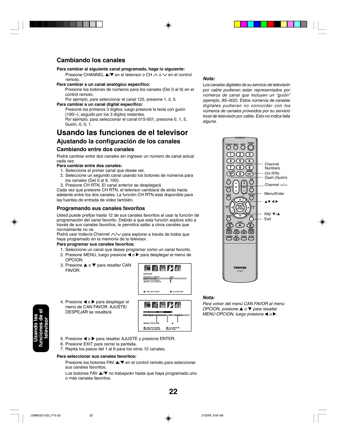 Toshiba 26HF66 Usando las funciones de el televisor, Cambiando los canales, Ajustando la configuración de los canales 
