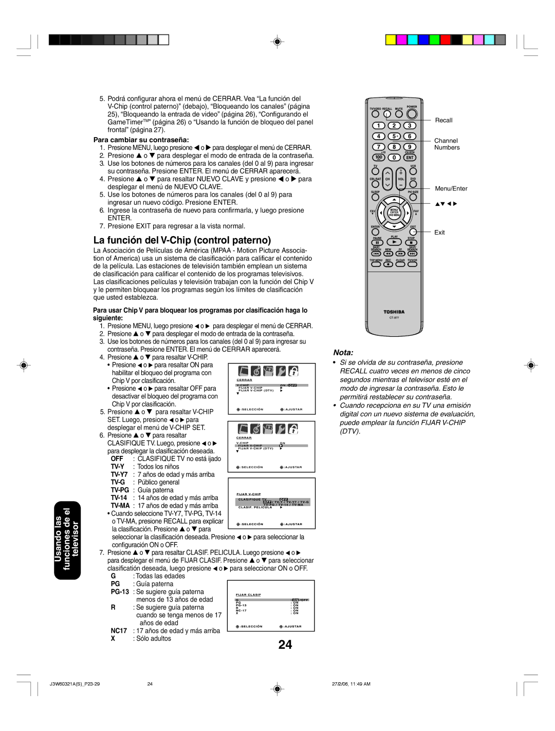 Toshiba 26HF66 appendix La función del V-Chip control paterno, Para cambiar su contraseña, PG-13, NC17 