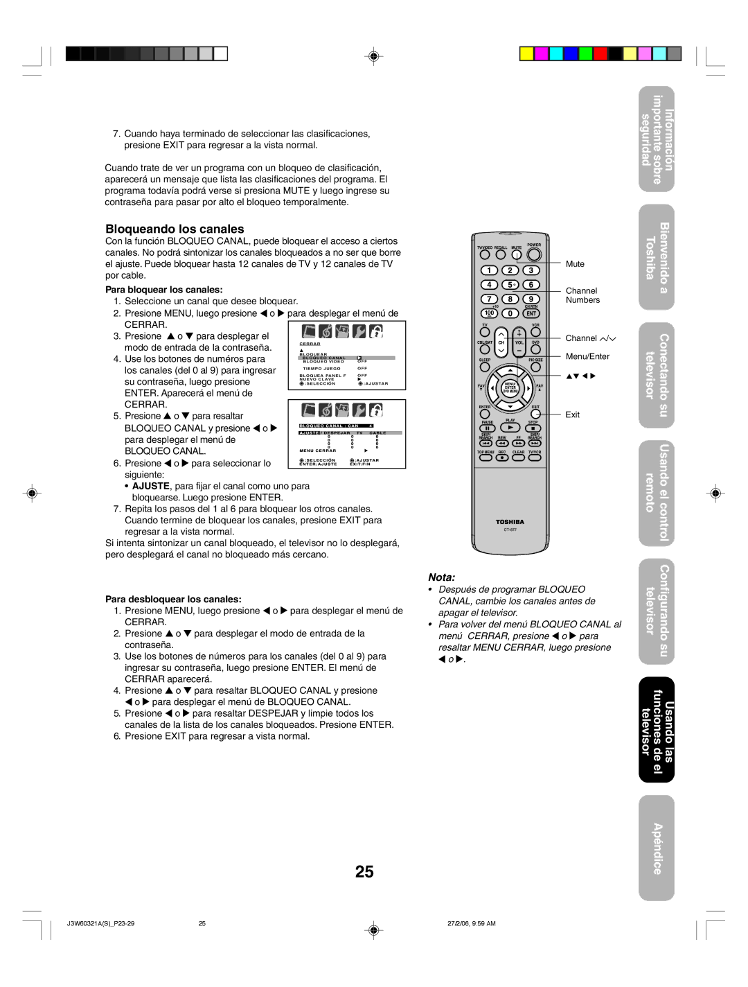 Toshiba 26HF66 appendix Bloqueando los canales, Para bloquear los canales, Bloqueo Canal, Para desbloquear los canales 