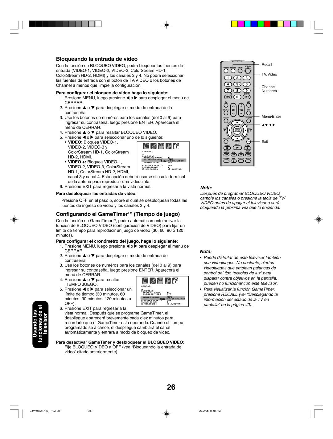 Toshiba 26HF66 appendix Bloqueando la entrada de video, Configurando el GameTimerTM Tiempo de juego 