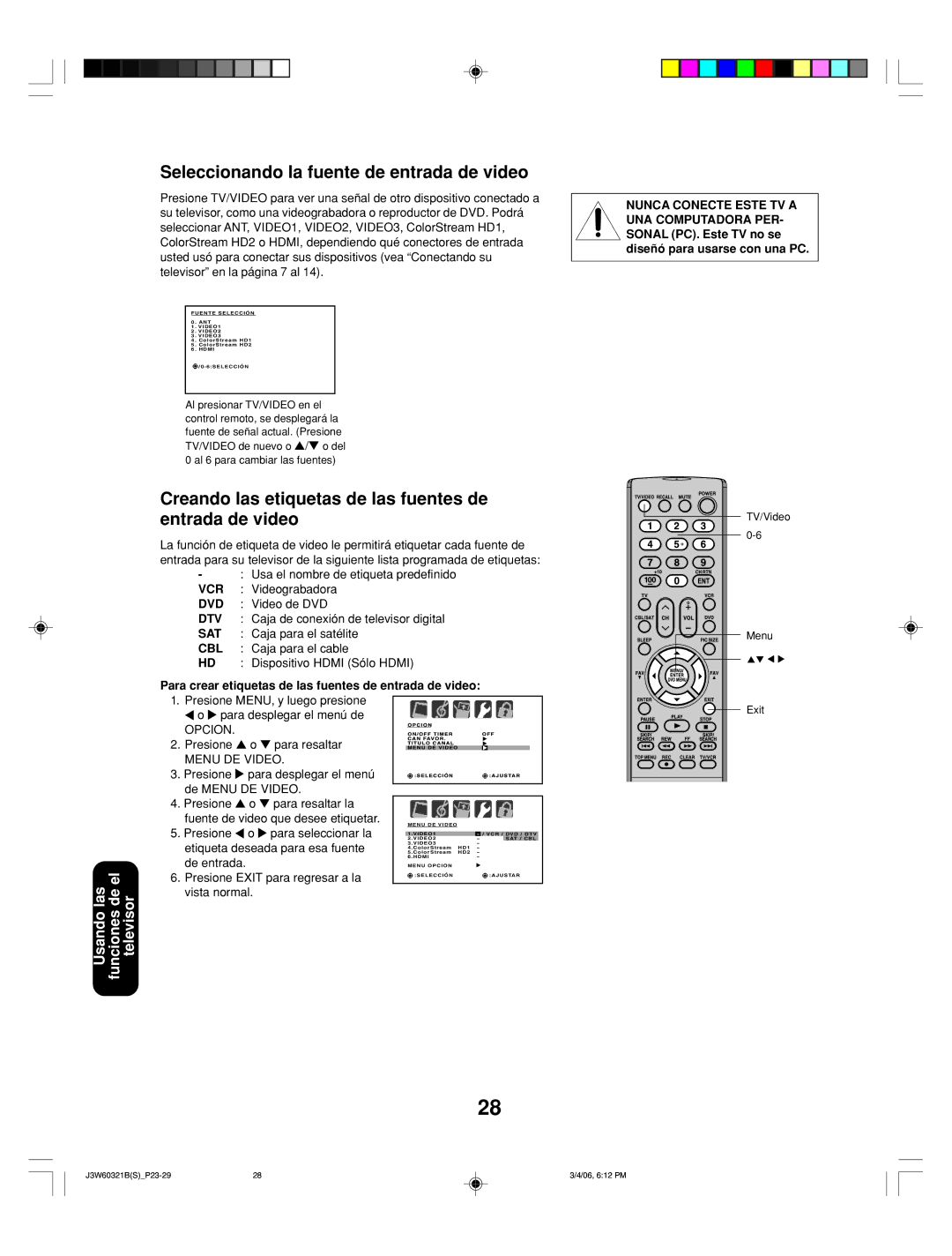 Toshiba 26HF66 Seleccionando la fuente de entrada de video, Creando las etiquetas de las fuentes de entrada de video 