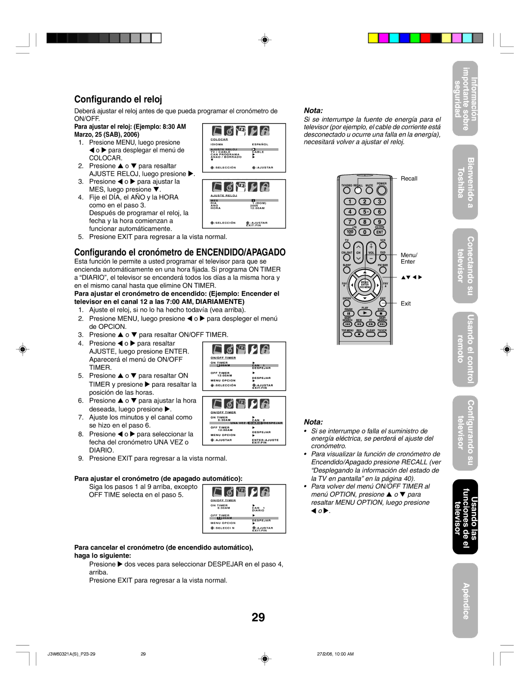 Toshiba 26HF66 appendix Configurando el reloj, Configurando el cronómetro de ENCENDIDO/APAGADO 