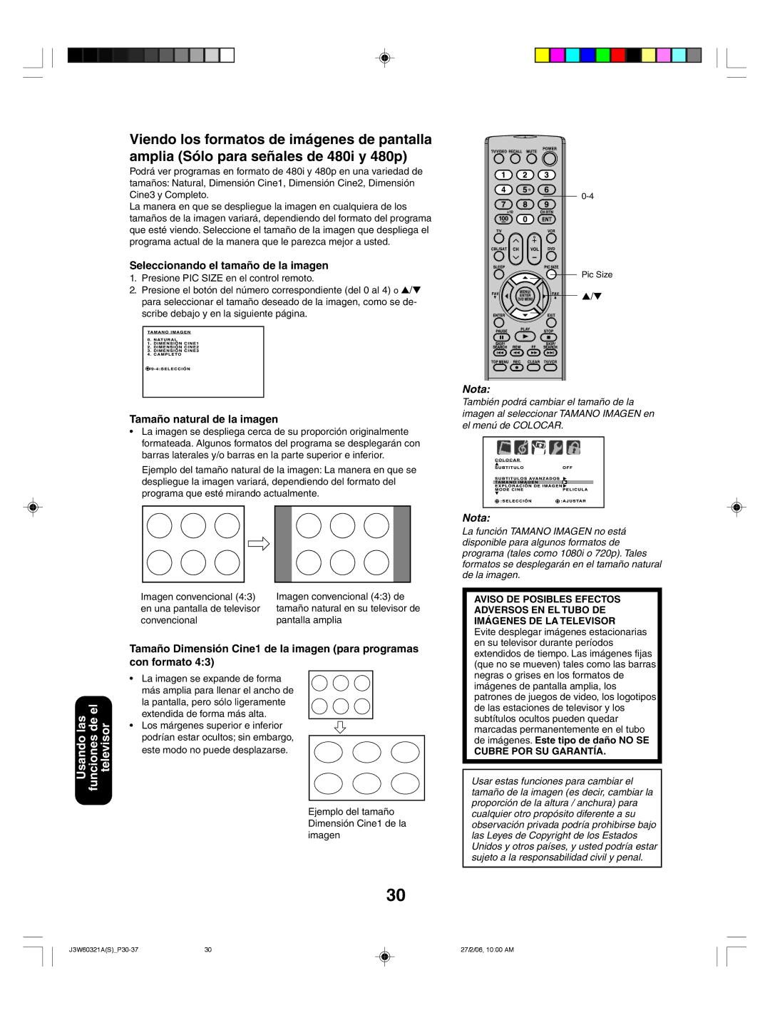 Toshiba 26HF66 appendix Seleccionando el tamaño de la imagen, Tamaño natural de la imagen 