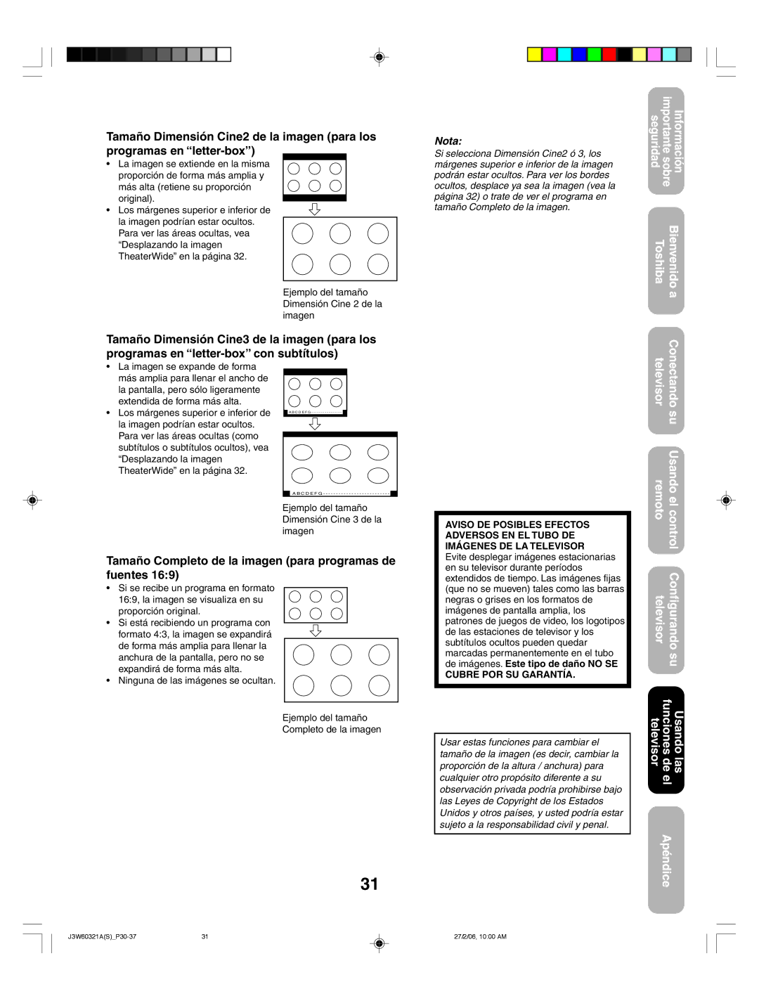 Toshiba 26HF66 appendix Tamaño Completo de la imagen para programas de fuentes, Original 