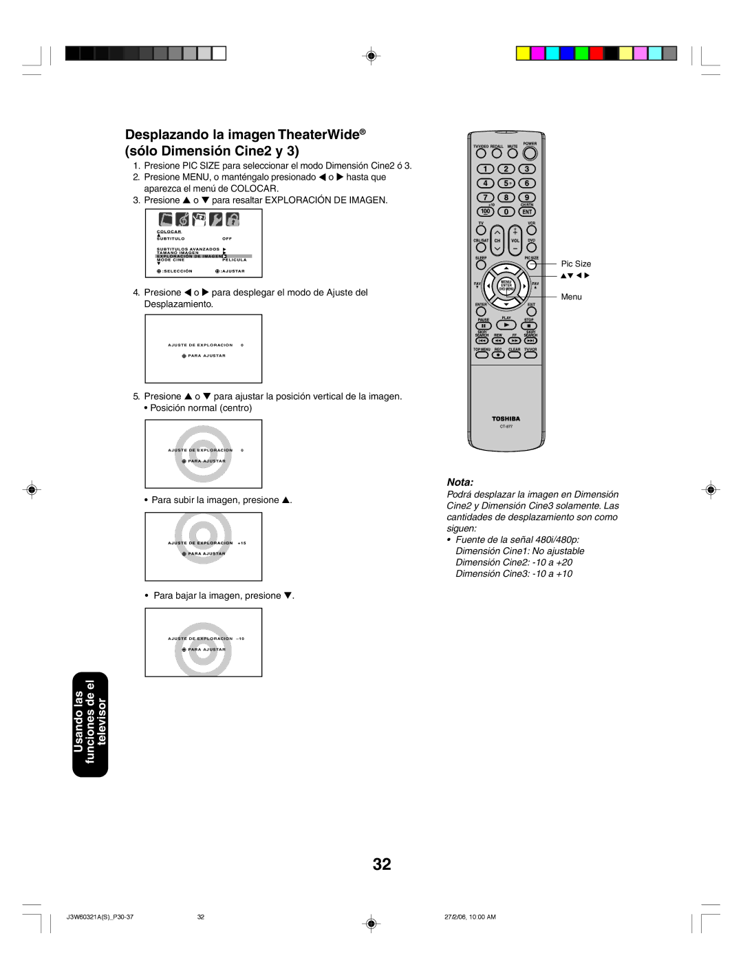 Toshiba 26HF66 appendix Desplazando la imagen TheaterWide sólo Dimensión Cine2 y 