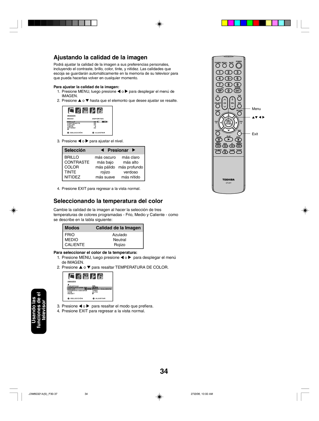 Toshiba 26HF66 appendix Ajustando la calidad de la imagen, Seleccionando la temperatura del color, Selección Presionar 