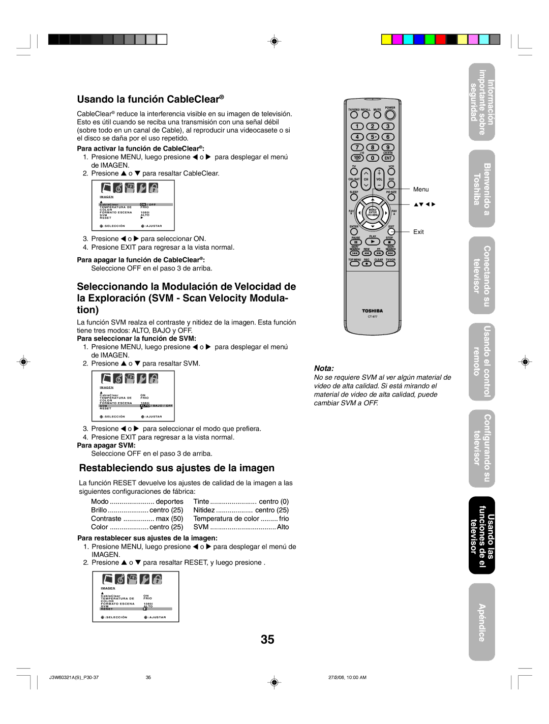 Toshiba 26HF66 appendix Usando la función CableClear, Restableciendo sus ajustes de la imagen 