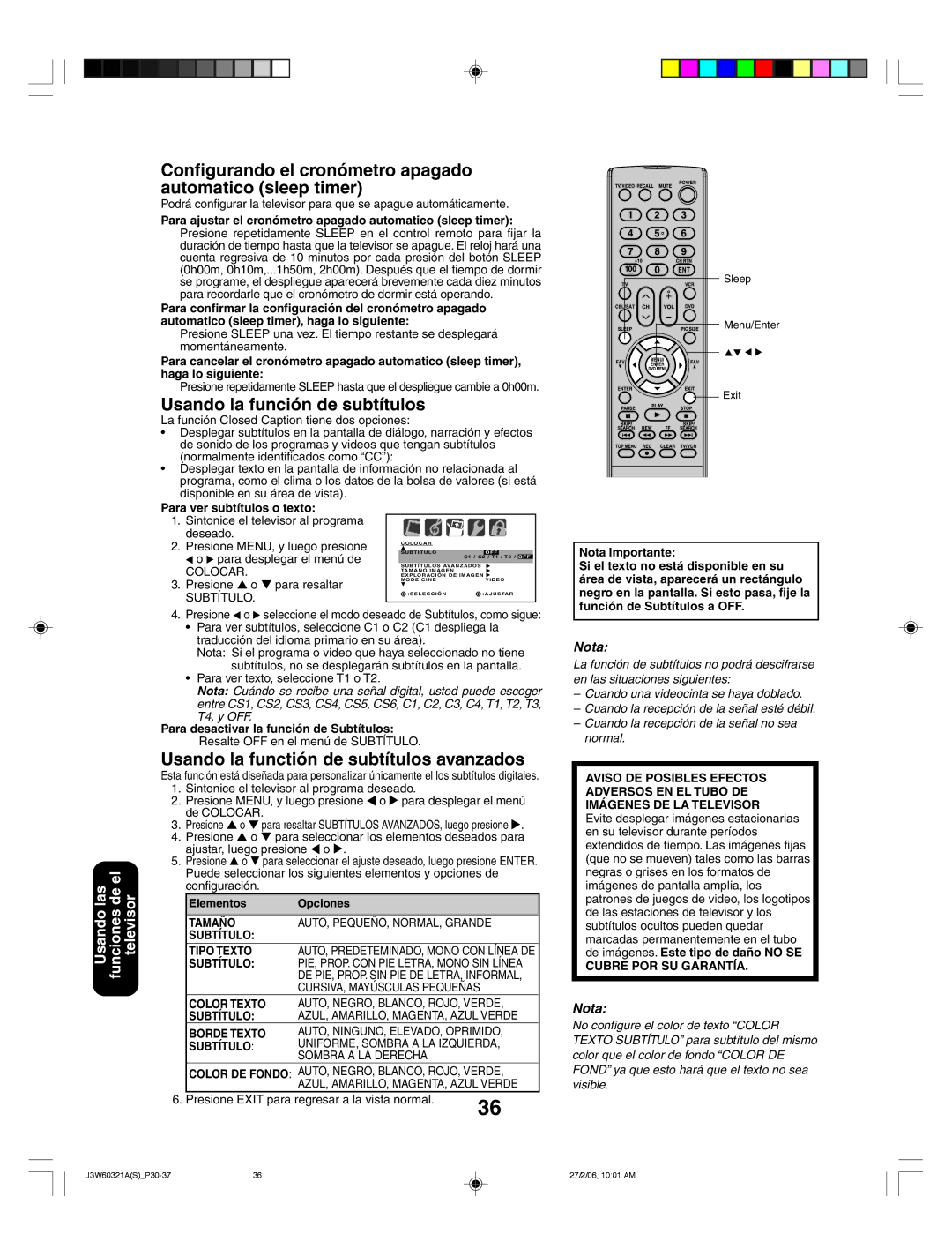 Toshiba 26HF66 appendix Configurando el cronómetro apagado automatico sleep timer, Usando la función de subtítulos 