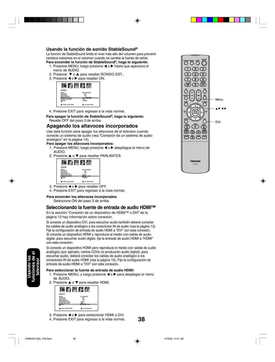 Toshiba 26HF66 appendix Apagando los altavoces incorporados, Seleccionando la fuente de entrada de audio Hdmi 