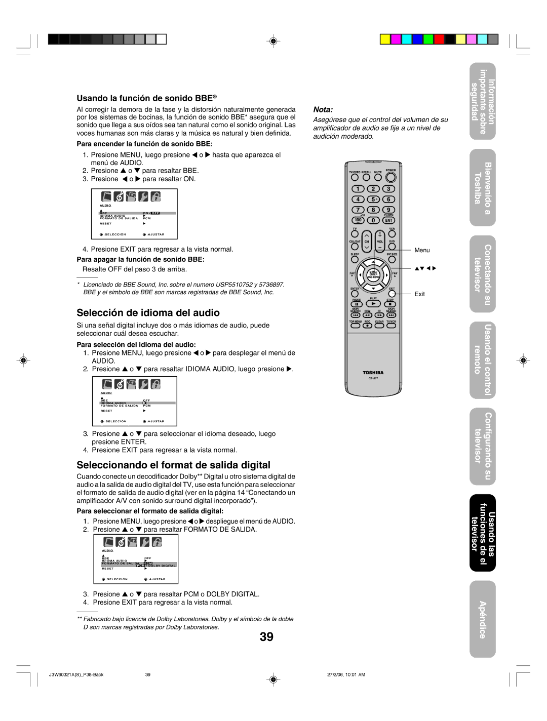 Toshiba 26HF66 Selección de idioma del audio, Seleccionando el format de salida digital, Usando la función de sonido BBE 