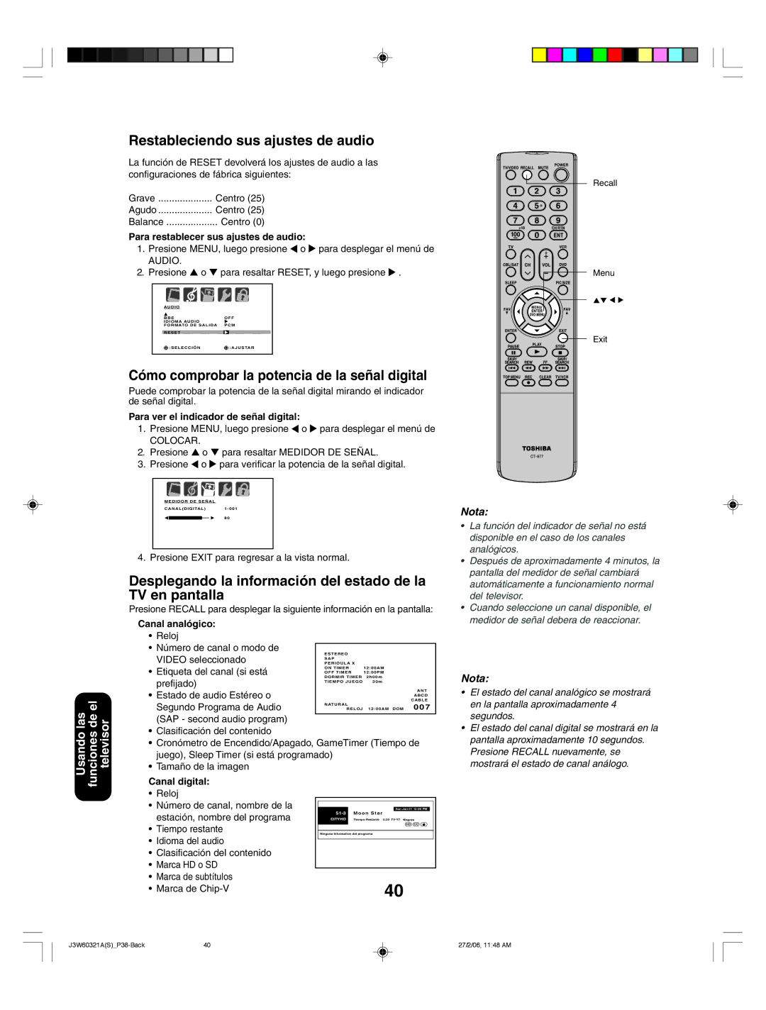 Toshiba 26HF66 appendix Restableciendo sus ajustes de audio, Cómo comprobar la potencia de la señal digital 