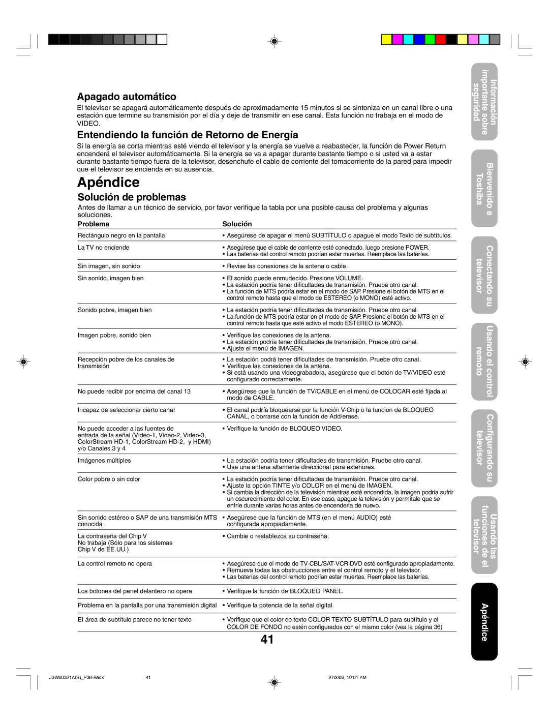 Toshiba 26HF66 appendix Apagado automático, Entendiendo la función de Retorno de Energía, Solución de problemas, Video 