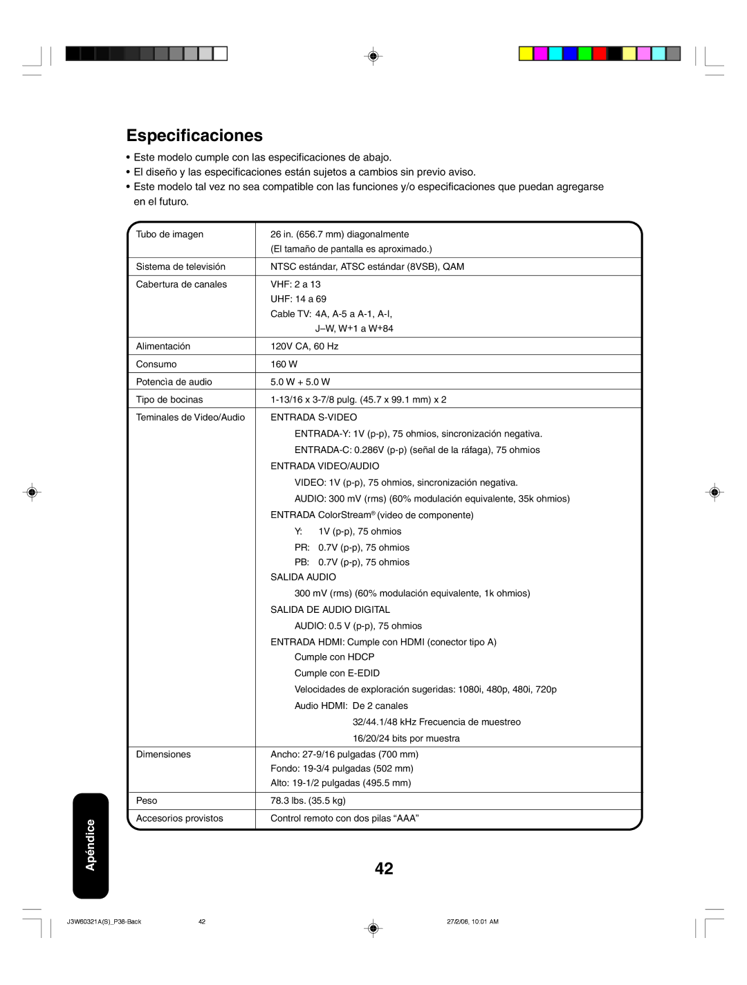 Toshiba 26HF66 appendix Especificaciones, Entrada S-VIDEO, Entrada VIDEO/AUDIO, Salida Audio, Salida DE Audio Digital 