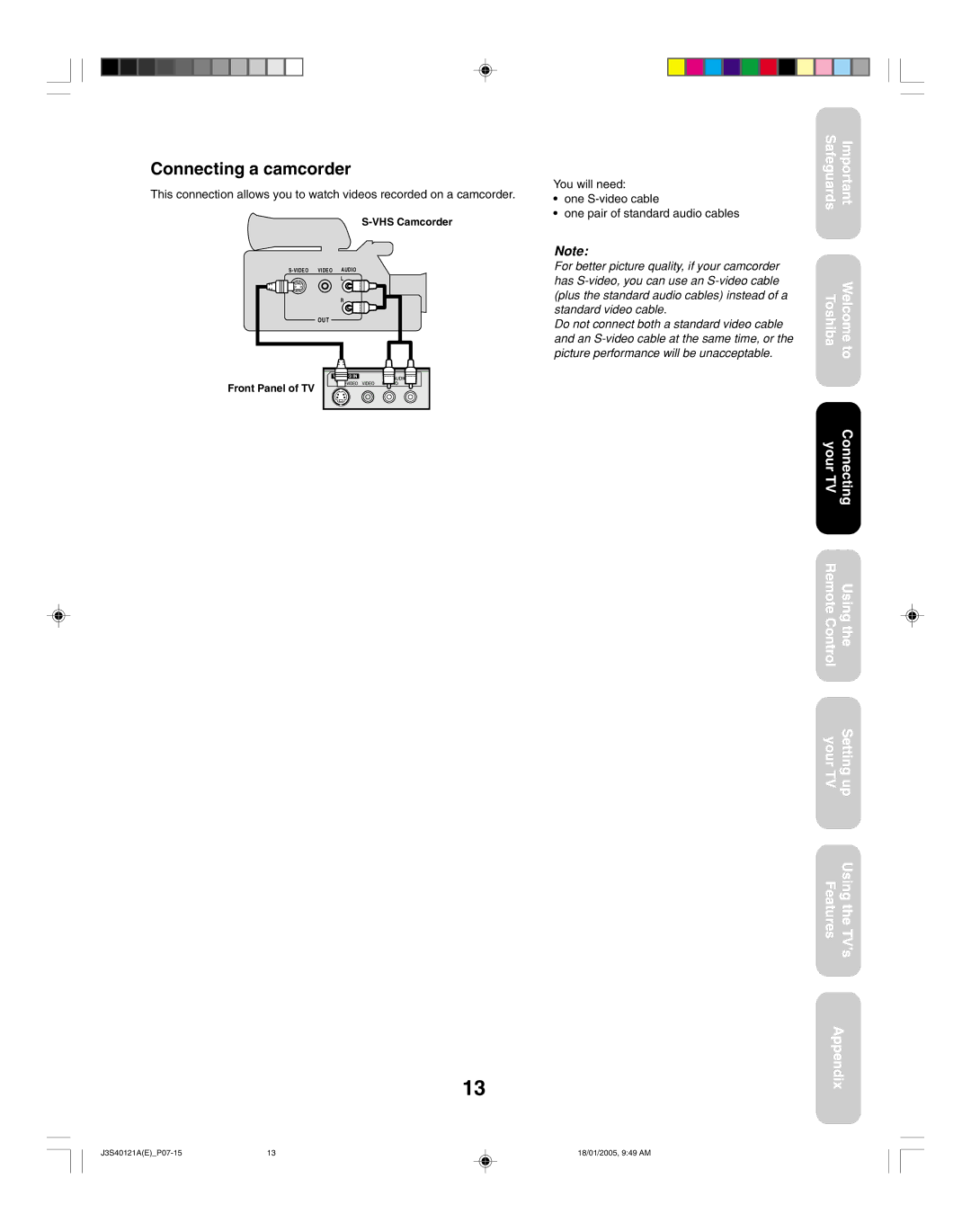 Toshiba 30HF85, 26HF85 appendix Connecting a camcorder 