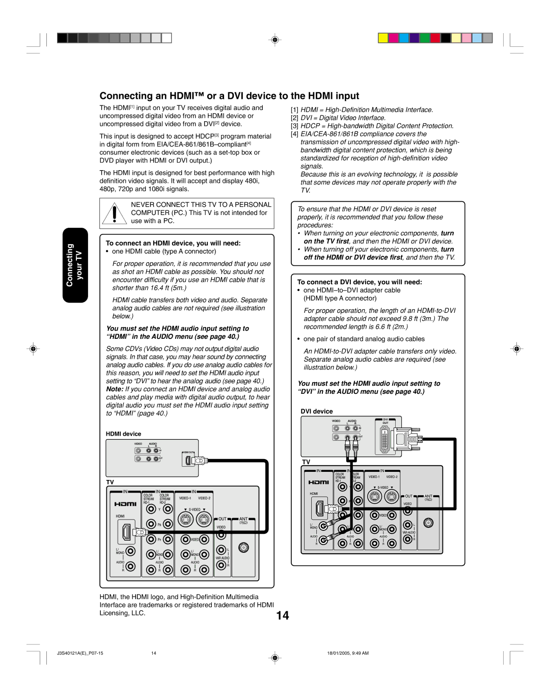 Toshiba 26HF85, 30HF85 Connecting an Hdmi or a DVI device to the Hdmi input, To connect an Hdmi device, you will need 