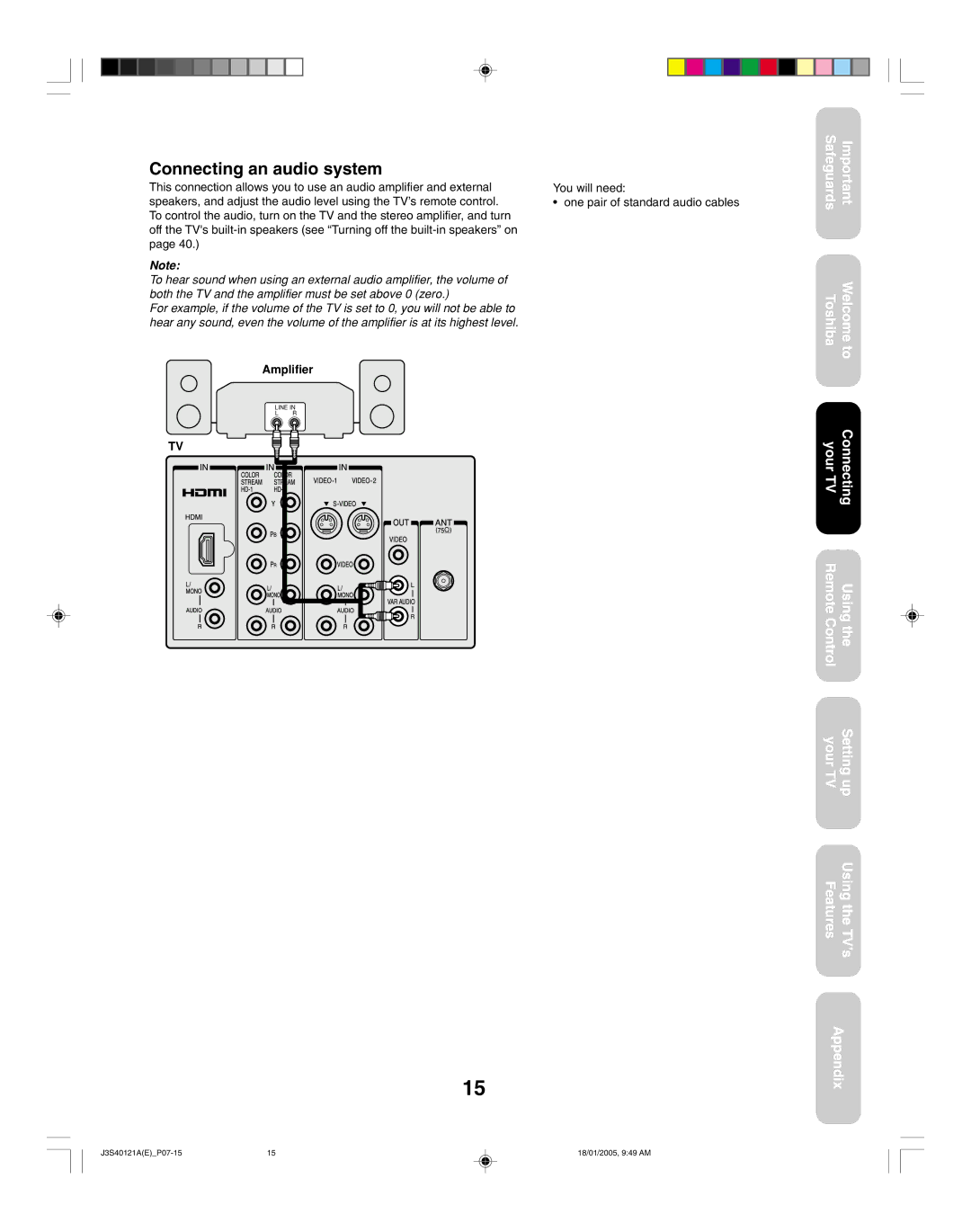 Toshiba 30HF85, 26HF85 appendix Connecting an audio system, Amplifier 