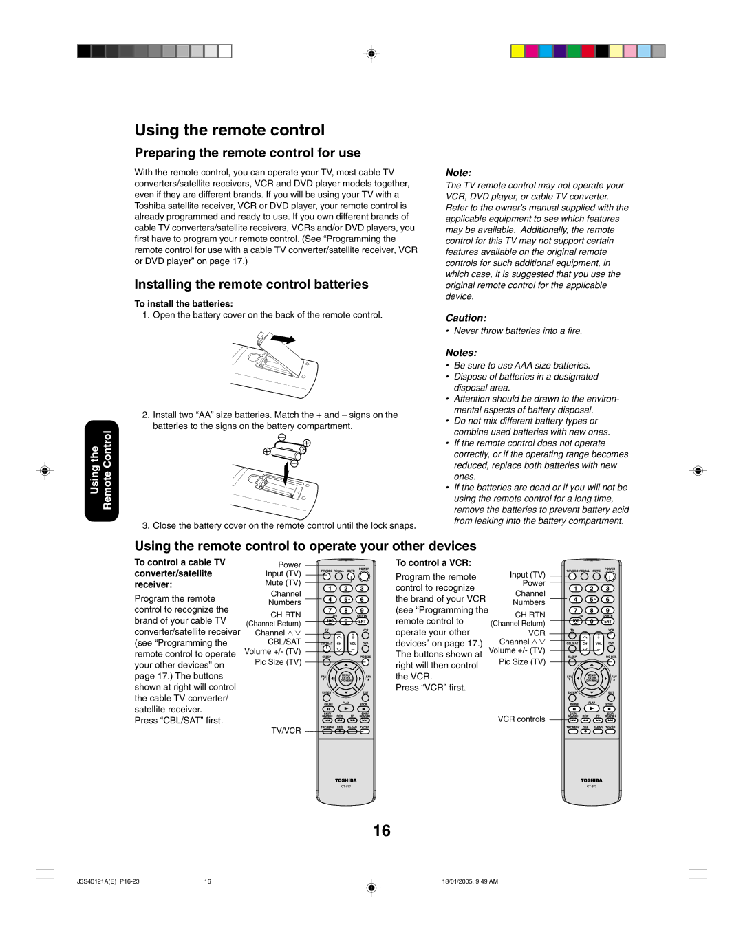 Toshiba 26HF85 Using the remote control, Preparing the remote control for use, Installing the remote control batteries 