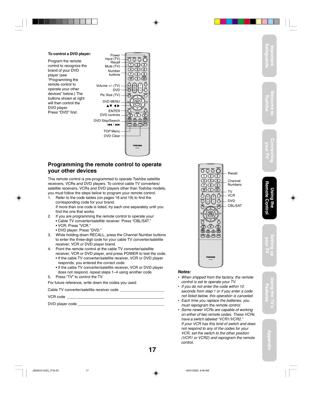 Toshiba 30HF85, 26HF85 appendix Programming the remote control to operate your other devices, To control a DVD player 