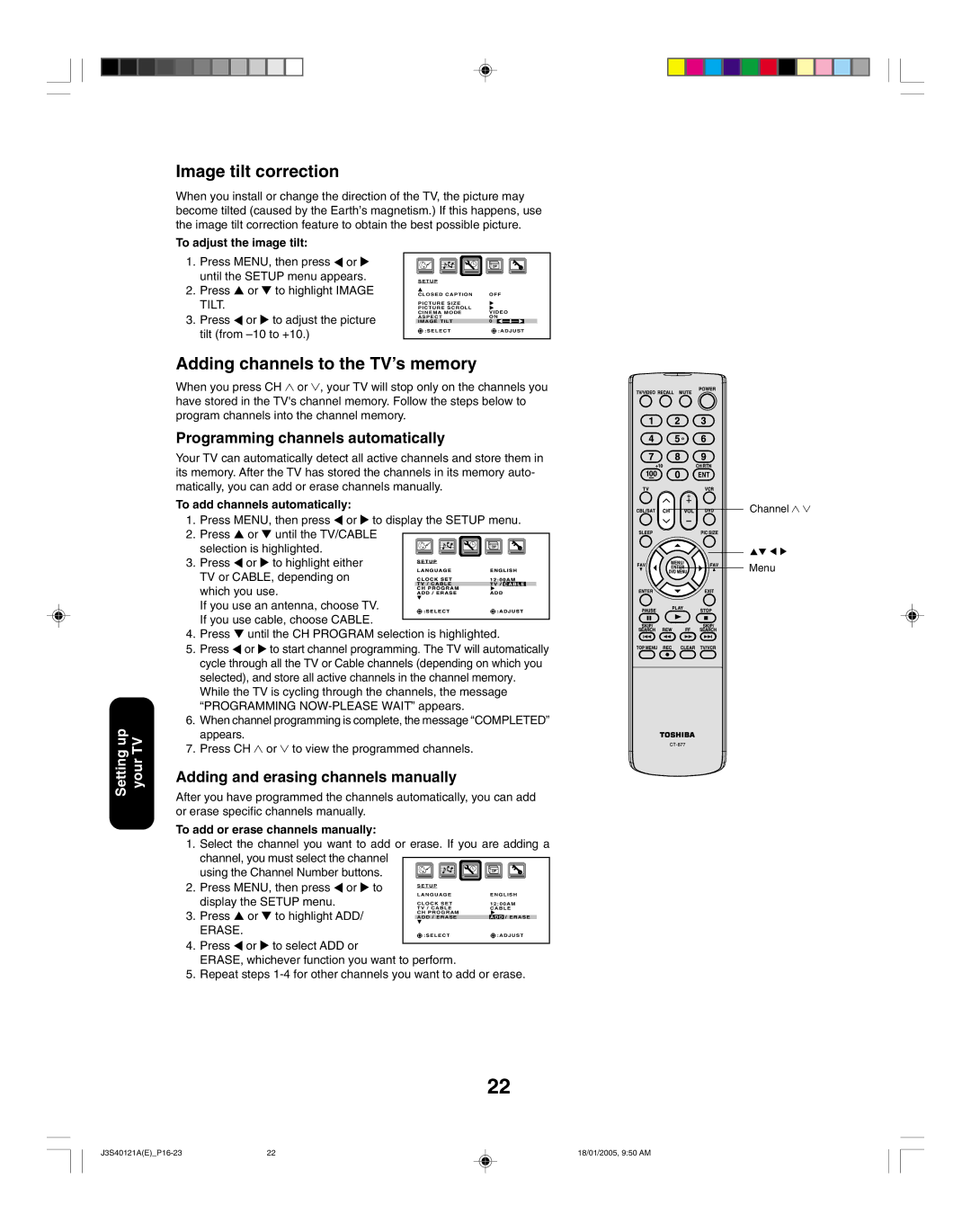 Toshiba 26HF85, 30HF85 Image tilt correction, Adding channels to the TV’s memory, Programming channels automatically 