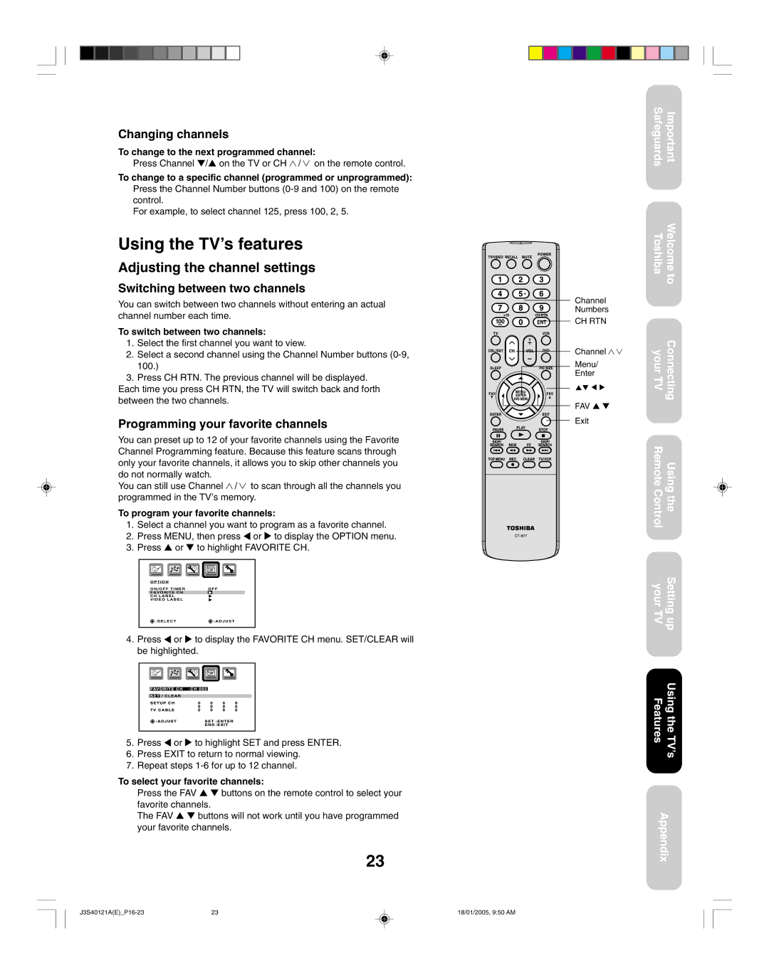 Toshiba 30HF85 Using the TV’s features, Adjusting the channel settings, Changing channels, Switching between two channels 