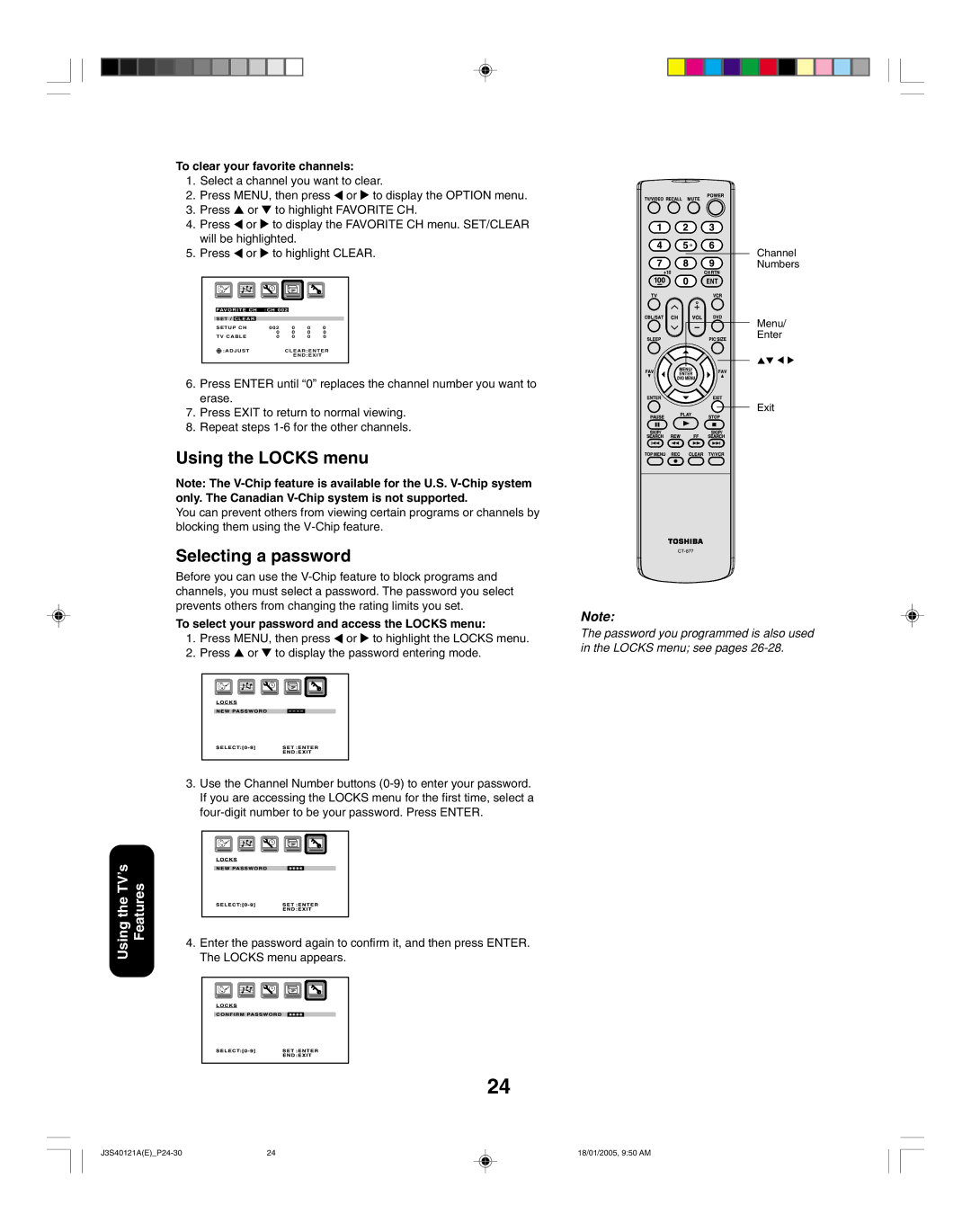 Toshiba 26HF85, 30HF85 appendix Using the Locks menu, Selecting a password, To clear your favorite channels 