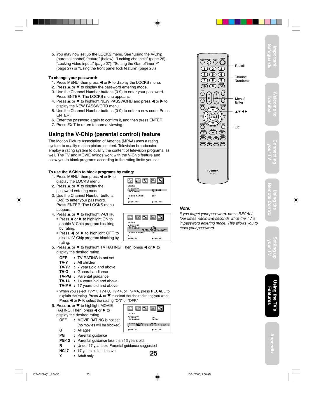 Toshiba 30HF85, 26HF85 appendix Using the V-Chip parental control feature 