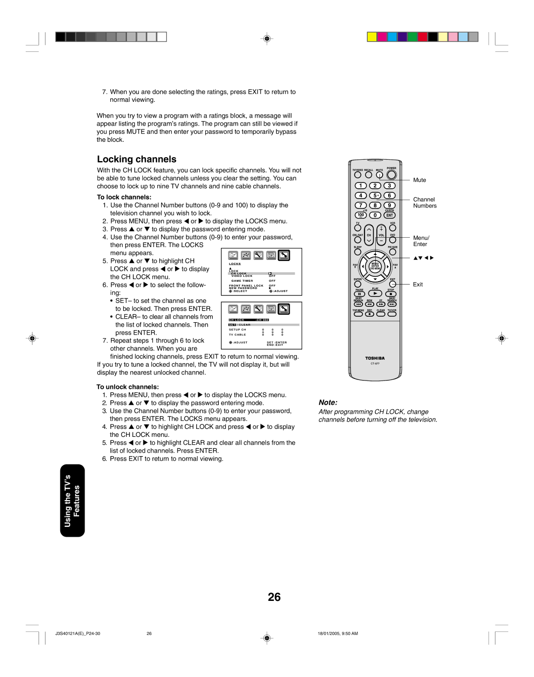 Toshiba 26HF85, 30HF85 Locking channels, To lock channels, List of locked channels. Then, Press Enter, To unlock channels 