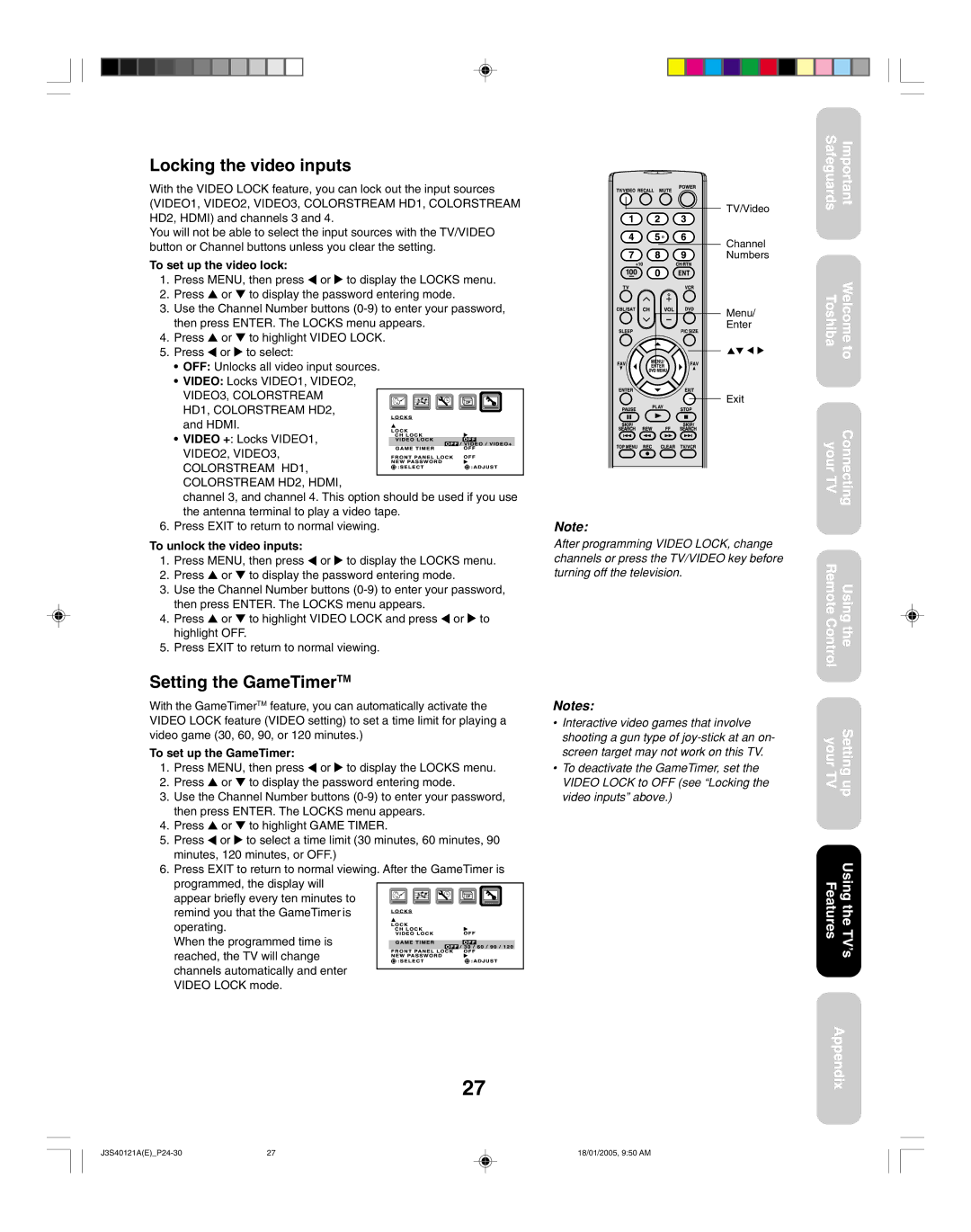 Toshiba 30HF85 Locking the video inputs, Setting the GameTimerTM, To set up the video lock, To unlock the video inputs 