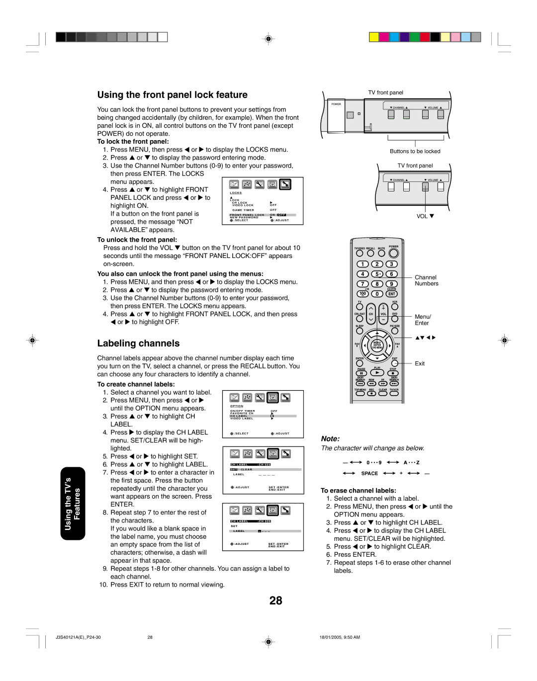 Toshiba 26HF85, 30HF85 appendix Using the front panel lock feature, Labeling channels 