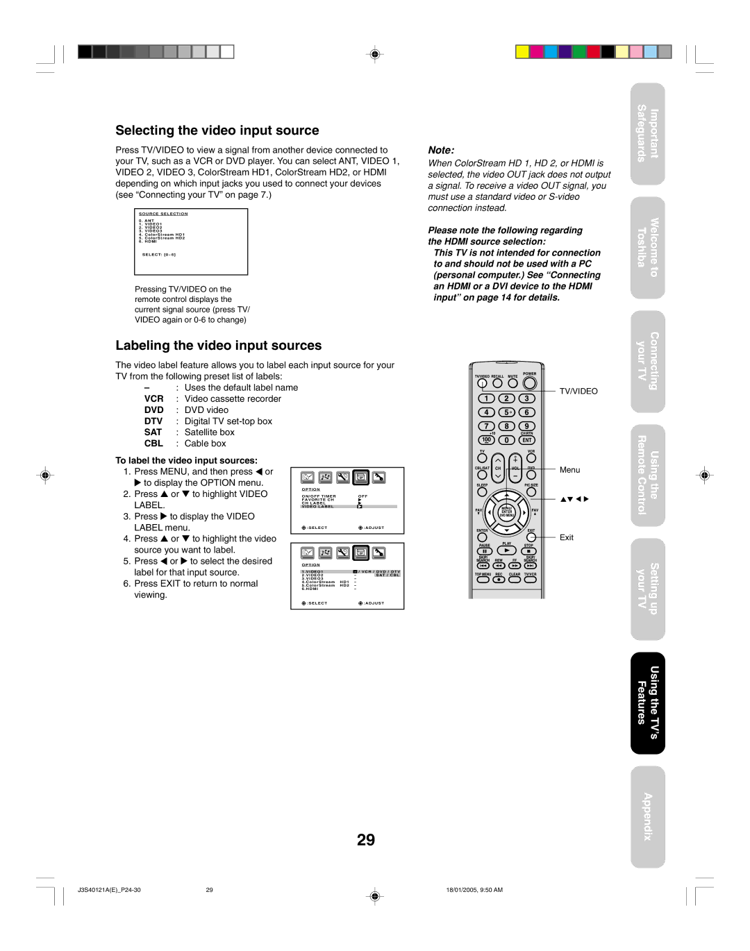 Toshiba 30HF85 Selecting the video input source, Labeling the video input sources, To label the video input sources 